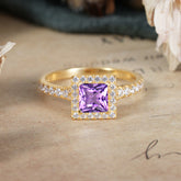 Princess Cut Amethyst Engagement Ring Half Eternity Halo Promise Ring